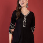 Black V Neck Embroidered Tunic Top