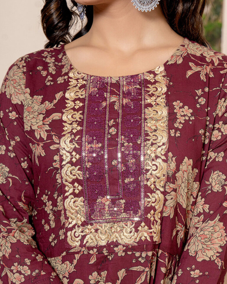 Burgundy Anarkali 3 Pcs suit With Matching Sequence Embroidery