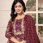 Burgundy Anarkali 3 Pcs suit With Matching Sequence Embroidery
