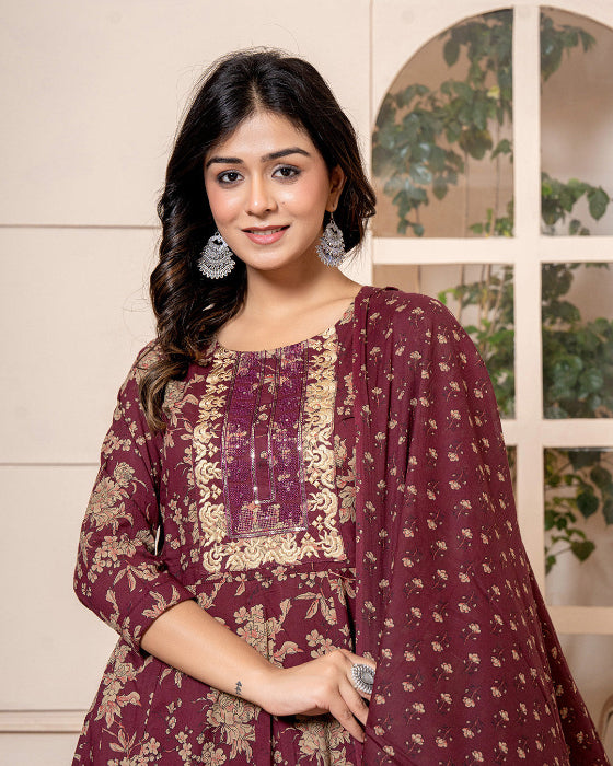 Burgundy Anarkali 3 Pcs suit With Matching Sequence Embroidery