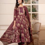 Burgundy Anarkali 3 Pcs suit With Matching Sequence Embroidery