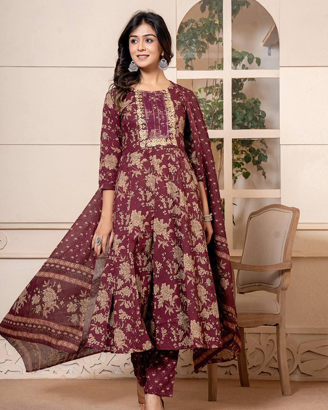 7029SKDBUG-7 Burgundy Anarkali 3 Pcs suit With Matching Sequence Embroidery