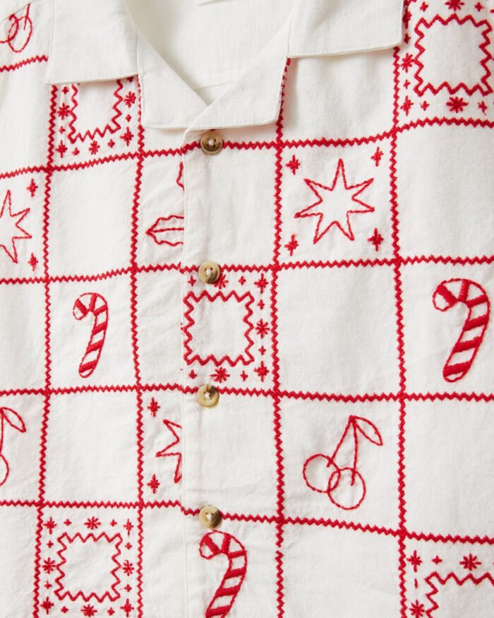White Short Sleeves Shirt With Red Thread Design For Boys