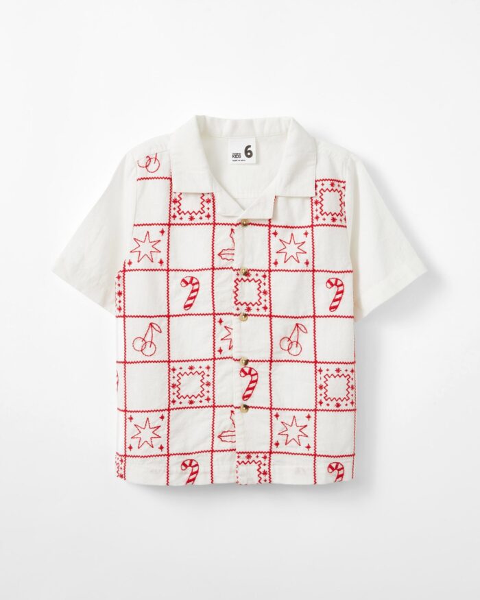 White Short Sleeves Shirt With Red Thread Design For Boys