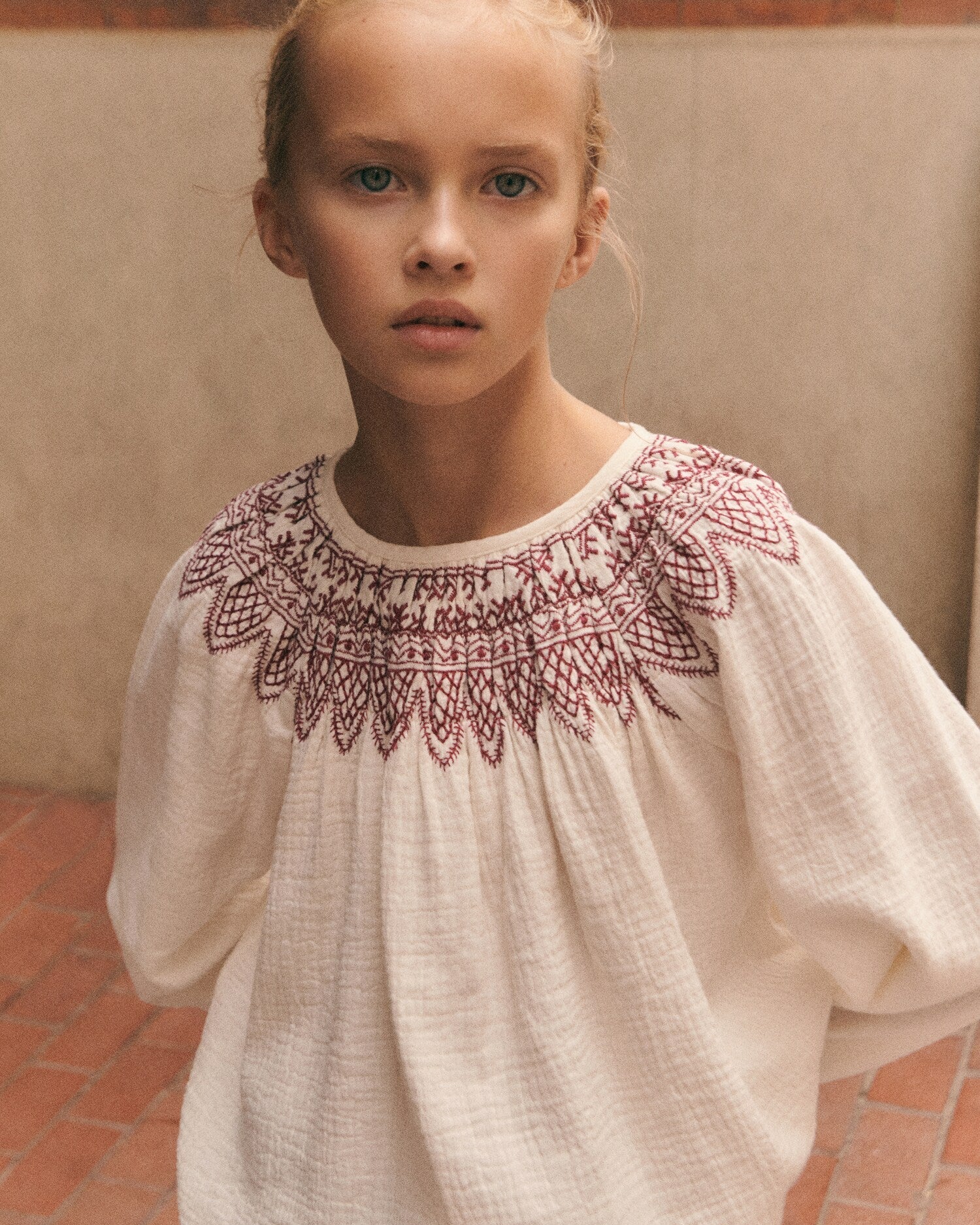 Girl's White With Maroon Embroidered Top