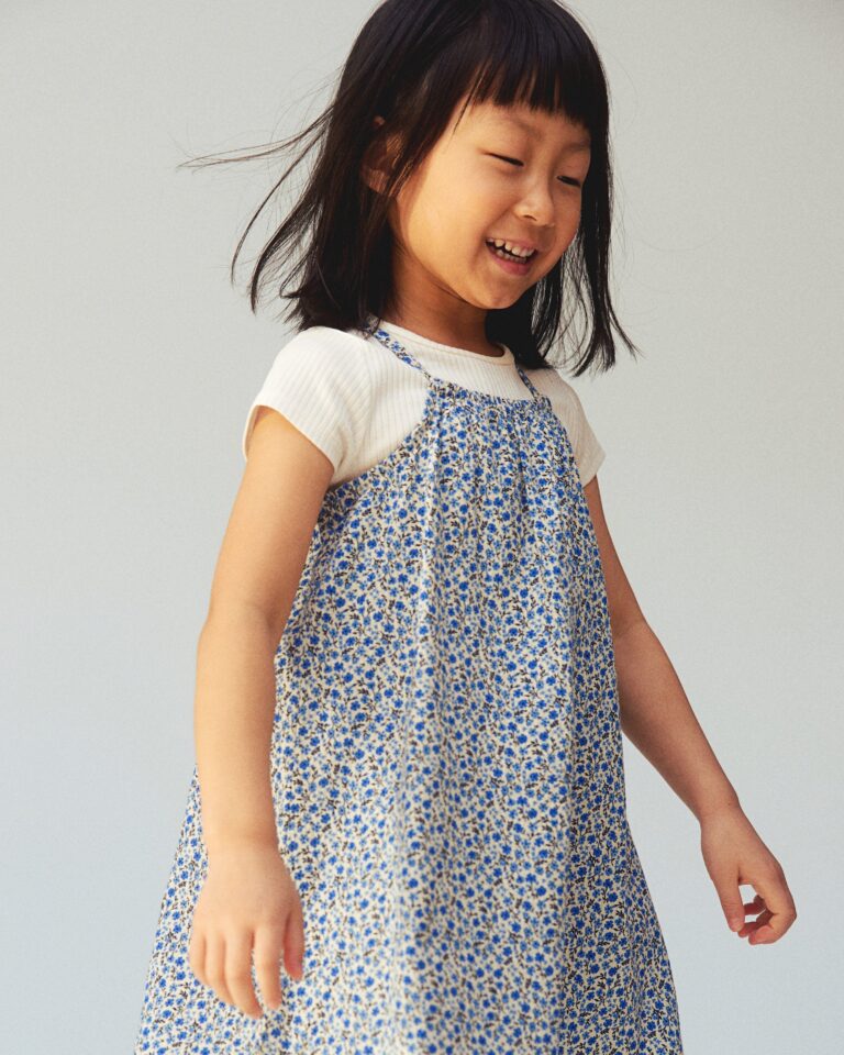 Kid's Sky Blue Floral Print  A - Line Dress