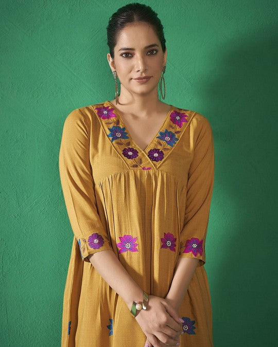 Yellow floral embroidered co-ord set for women