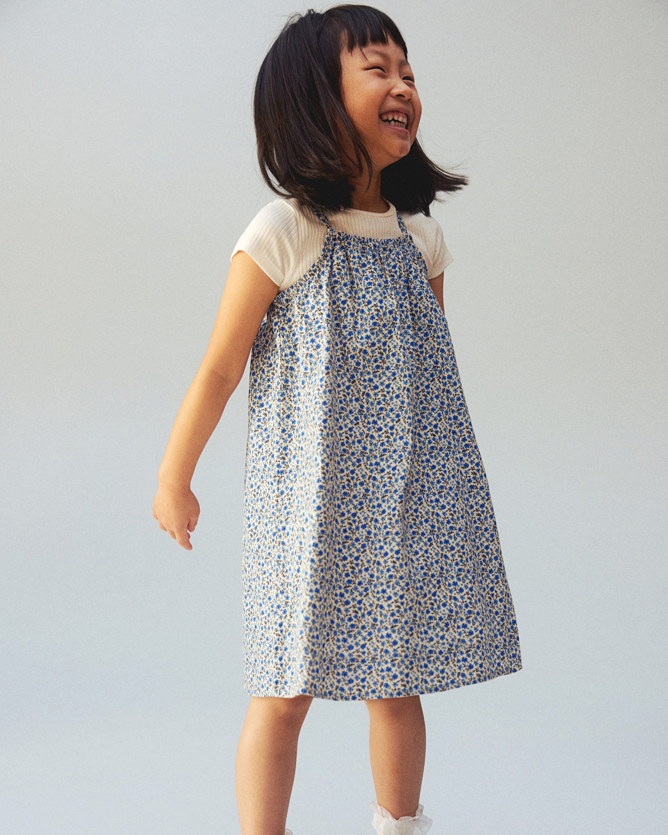 Kid's Sky Blue Floral Print  A - Line Dress