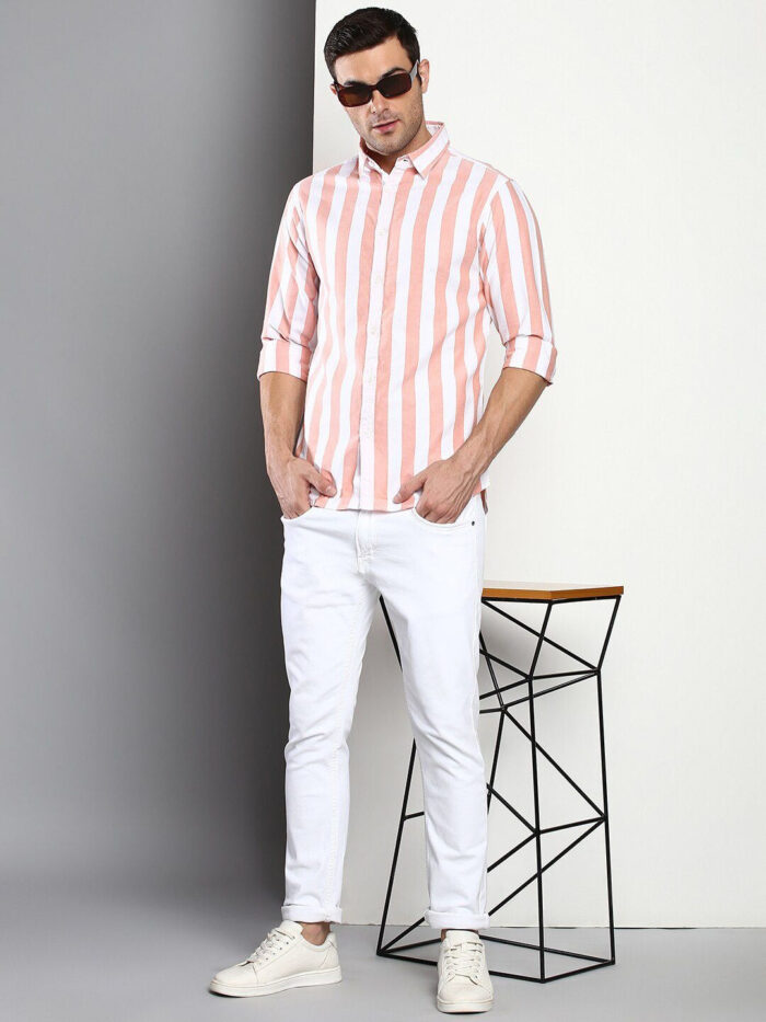 Premium Oxford Cotton Peach Stripes Casual Shirt (SF)