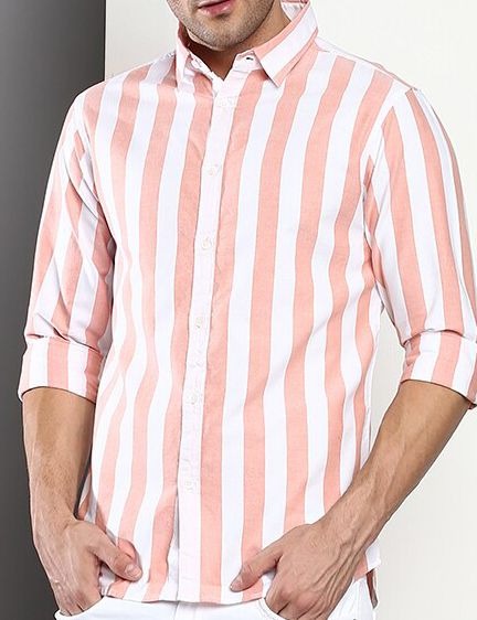 Premium Oxford Cotton Peach Stripes Casual Shirt (SF)