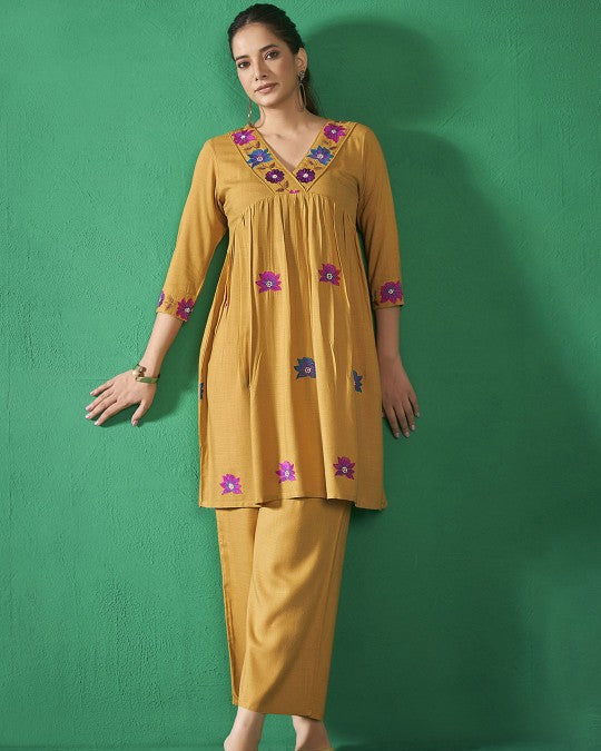 Yellow floral embroidered co-ord set for women