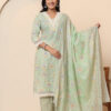 A247SKDGR-1 Pista Green Floral Print V Neck 3 Pcs Suit