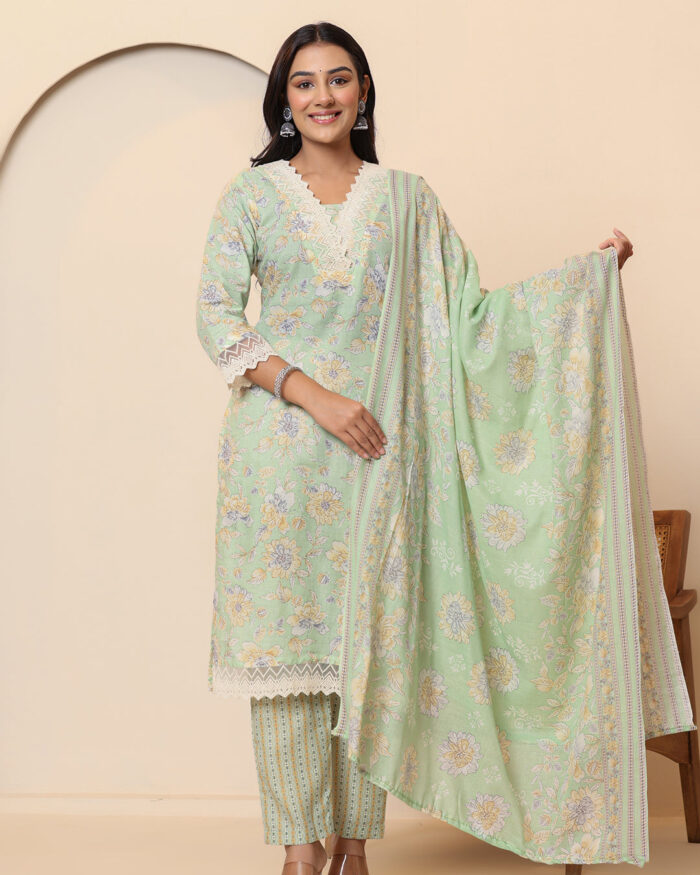 A247SKDGR-1 Pista Green Floral Print V Neck 3 Pcs Suit