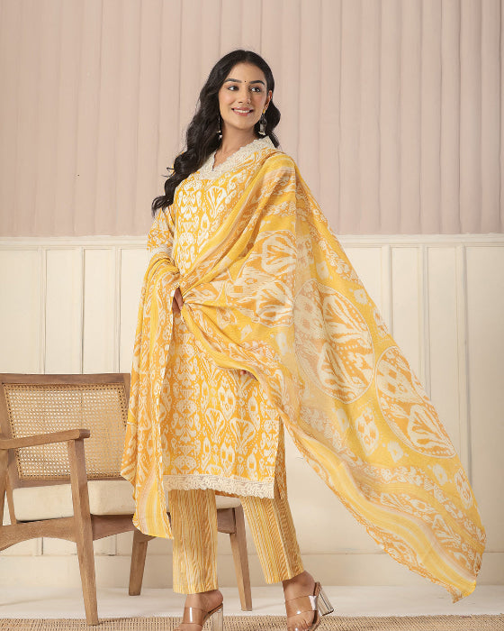 Yellow  Floral Print V Neck 3 Pcs Suit