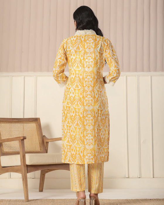 Yellow  Floral Print V Neck 3 Pcs Suit