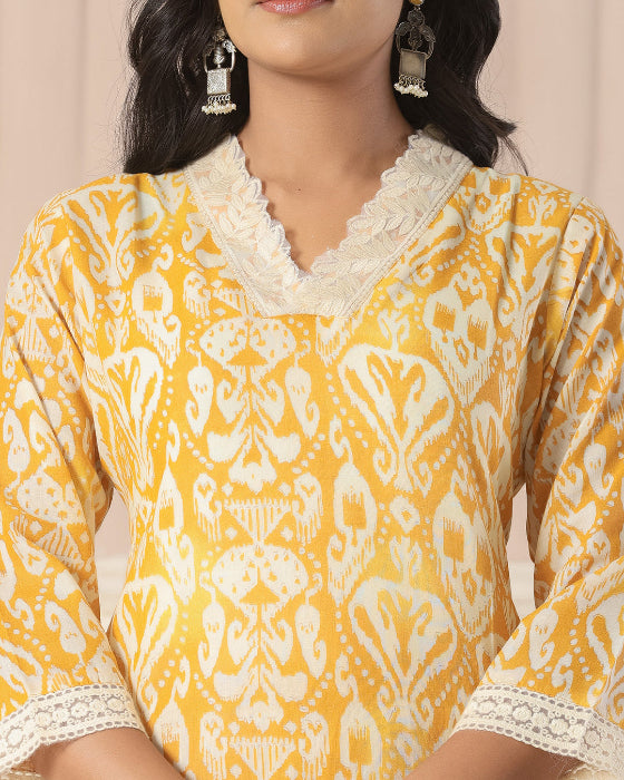 Yellow  Floral Print V Neck 3 Pcs Suit