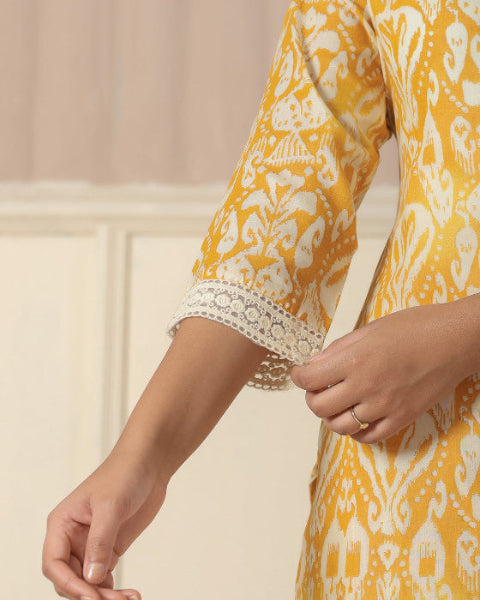 Yellow  Floral Print V Neck 3 Pcs Suit