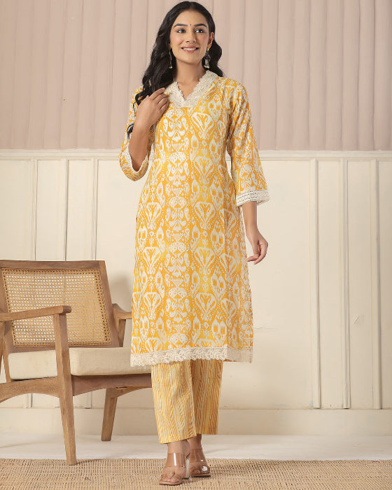 Yellow  Floral Print V Neck 3 Pcs Suit