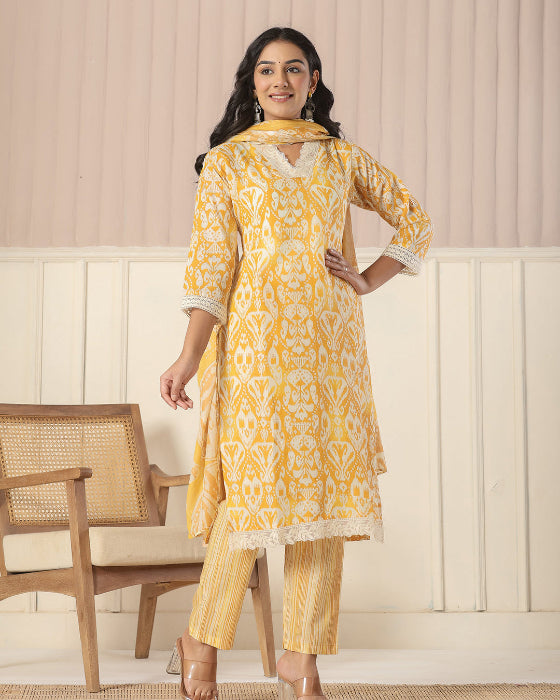 Yellow  Floral Print V Neck 3 Pcs Suit