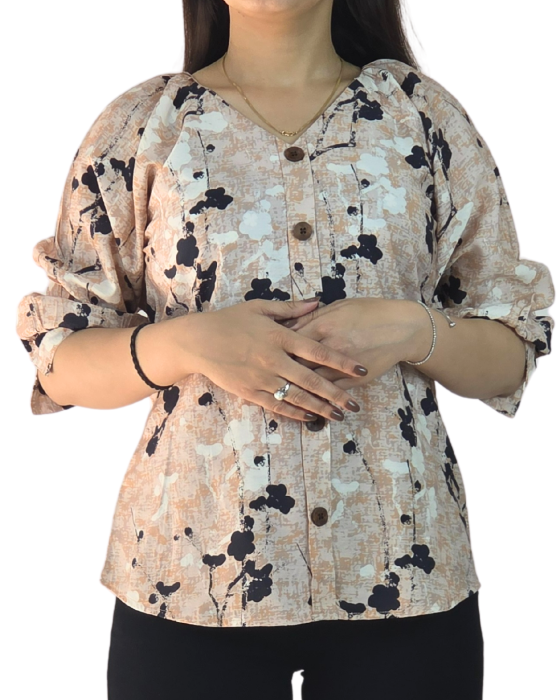 Beige Floral Print Button-Down Top