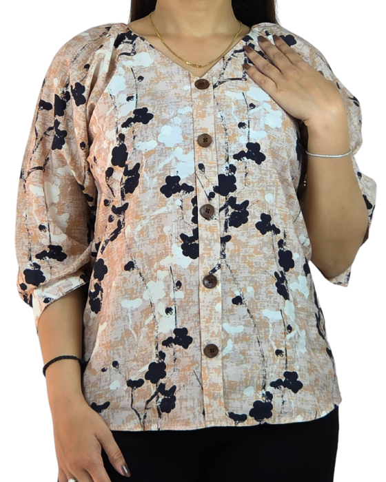 Beige Floral Print Button-Down Top