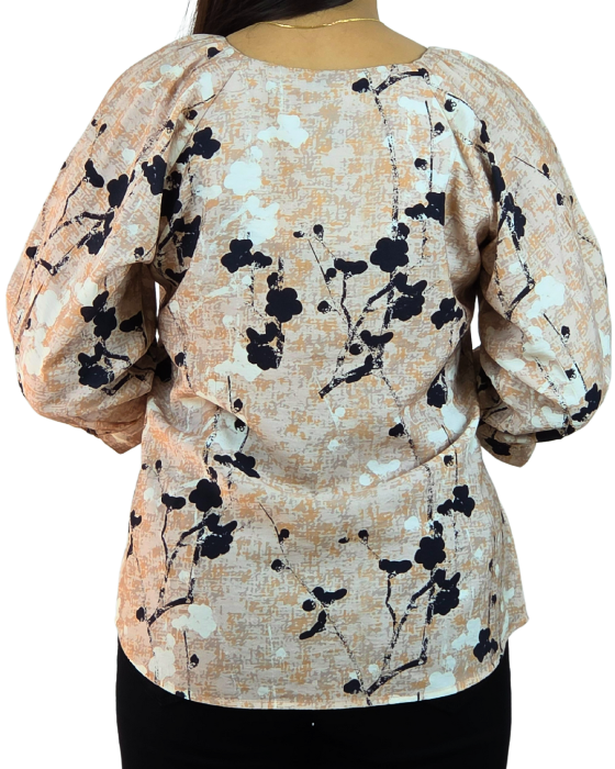 Beige Floral Print Button-Down Top