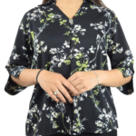 Black Floral Print V Neck Top
