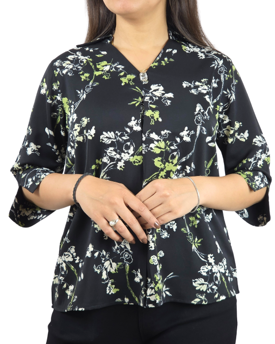 Black Floral Print V Neck Top