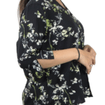 Black Floral Print V Neck Top