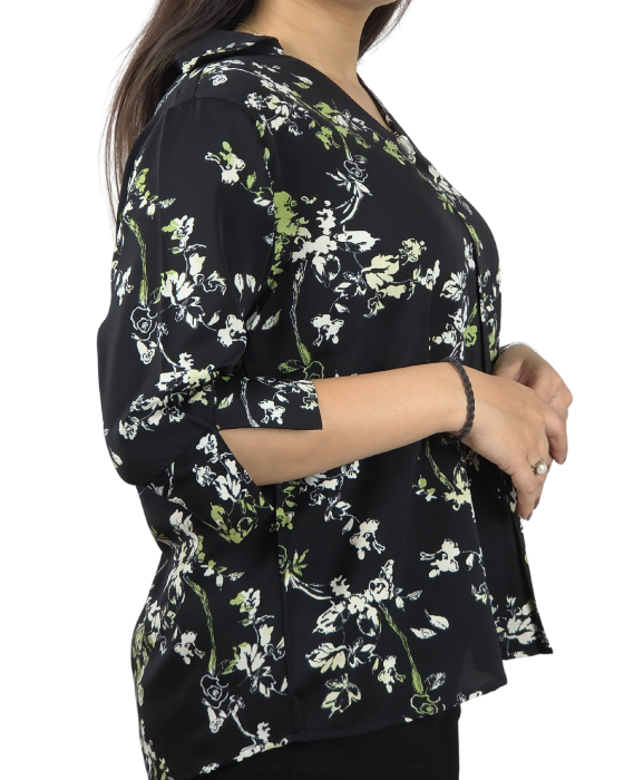 Black Floral Print V Neck Top