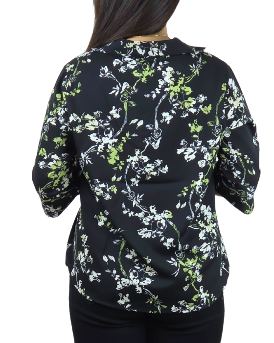 Black Floral Print V Neck Top