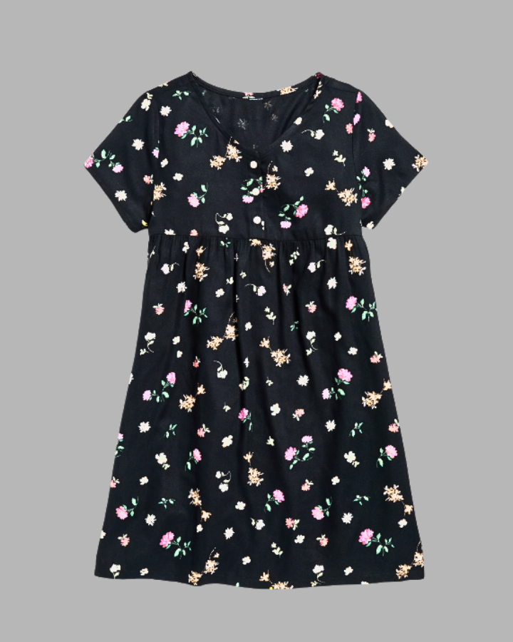 Black Loose Short Sleeve Crepe Dress For Girls