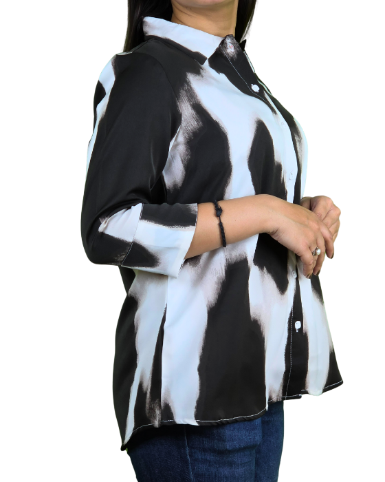 Black Collar Neck Glam Print Shirt