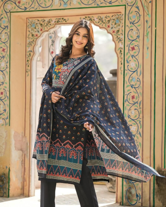 Blue Ajrak Print 3 Pcs Suit