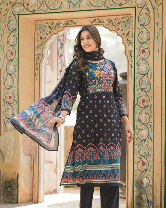 Blue Ajrak Print 3 Pcs Suit