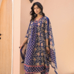 Blue Allover Block Print 3 Pcs A-Line Kurta Set