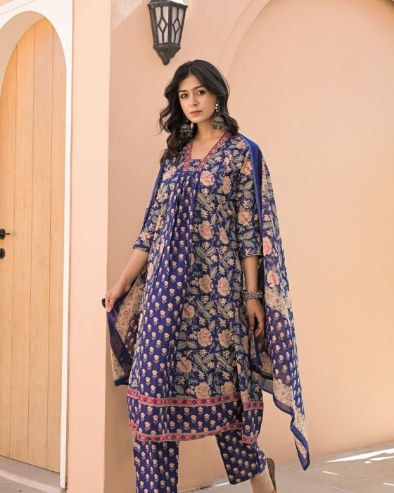 Blue_Allover_Block_Print_3_Pcs_A-Line_Kurta_Set Blue Allover Block Print 3 Pcs A-Line Kurta Set