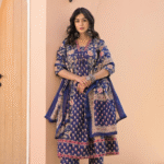 Blue Allover Block Print 3 Pcs A-Line Kurta Set