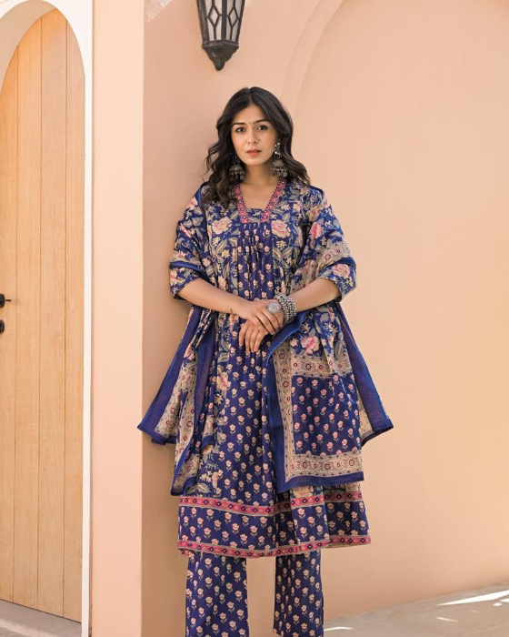 Blue Allover Block Print 3 Pcs A-Line Kurta Set