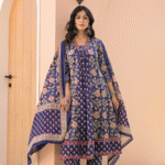 Blue Allover Block Print 3 Pcs A-Line Kurta Set