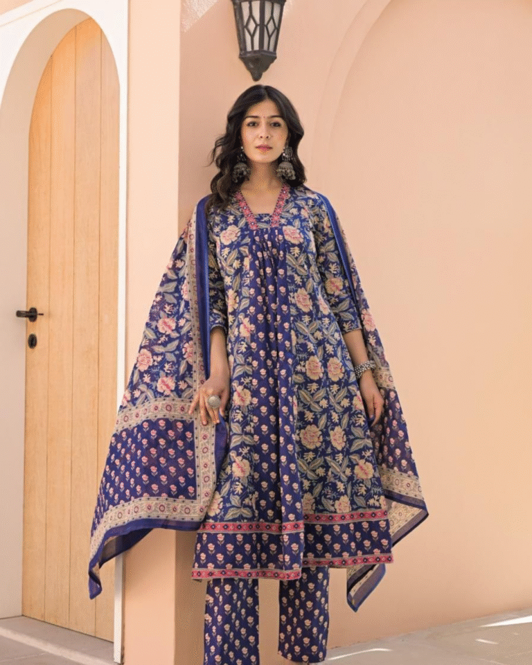 Blue Allover Block Print 3 Pcs A-Line Kurta Set