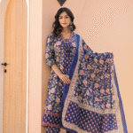 Blue Allover Block Print 3 Pcs A-Line Kurta Set