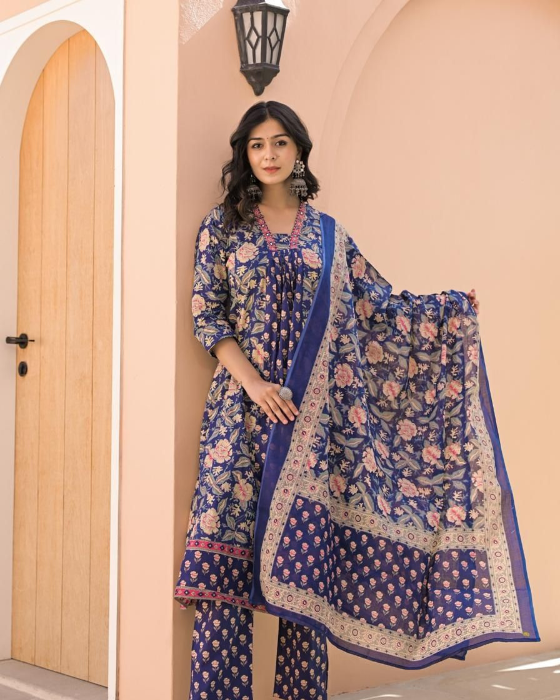 Blue Allover Block Print 3 Pcs A-Line Kurta Set