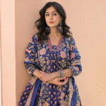 Blue Allover Block Print 3 Pcs A-Line Kurta Set