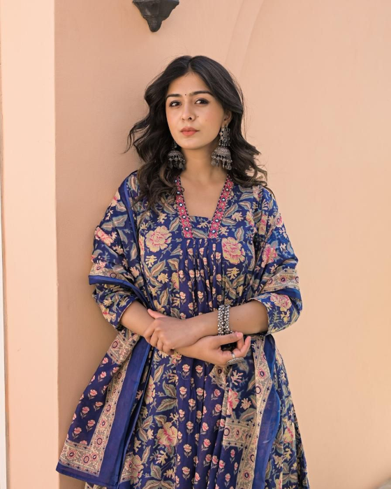 Blue Allover Block Print 3 Pcs A-Line Kurta Set