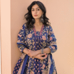 Blue Allover Block Print 3 Pcs A-Line Kurta Set