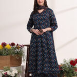 navy blue ajark print anarkali 3 pc suit set