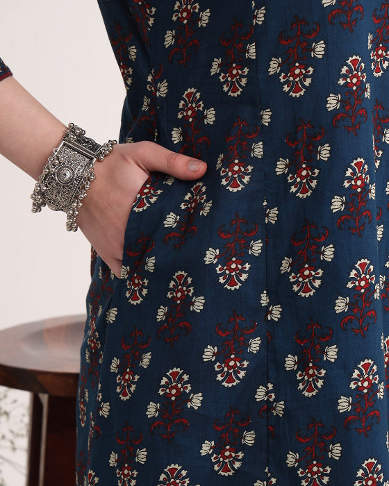 Blue Anarkali Ajrak Print Kurta Set
