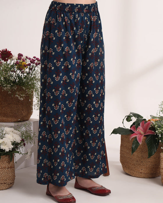 Blue Anarkali Ajrak Print Kurta Set