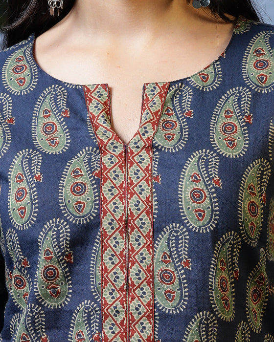 Blue Cotton Paisley Ajrak Print Top